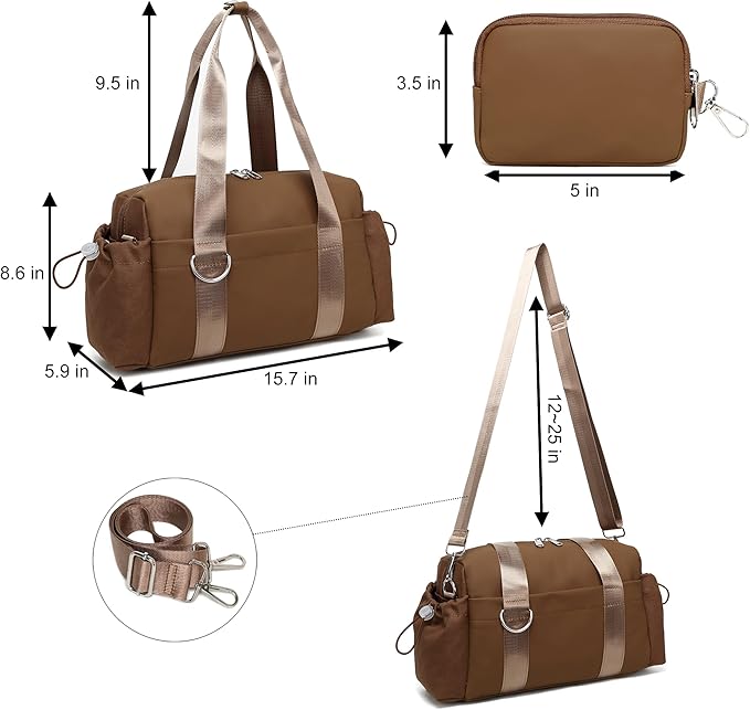 Everyday Mini Gym Bag for Women 2.0, Small Tote with Zipper Compartment Waterproof Travel Duffle Cute Handbag Workout Carry On with Removeable Shoulder Strap & Coin Wallet Easy to Clean - Brown