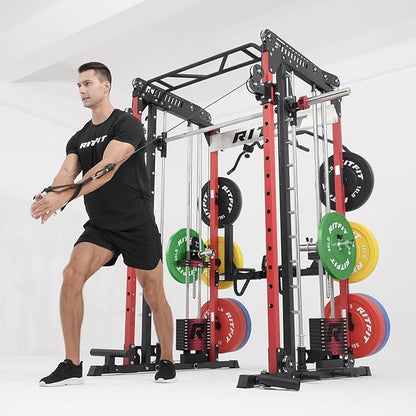RitFit M1 Pro Smith Machine with Cable Crossover System, Multi-Function Squat Rack Power Cage for Home Gym, Power Rack and Packages