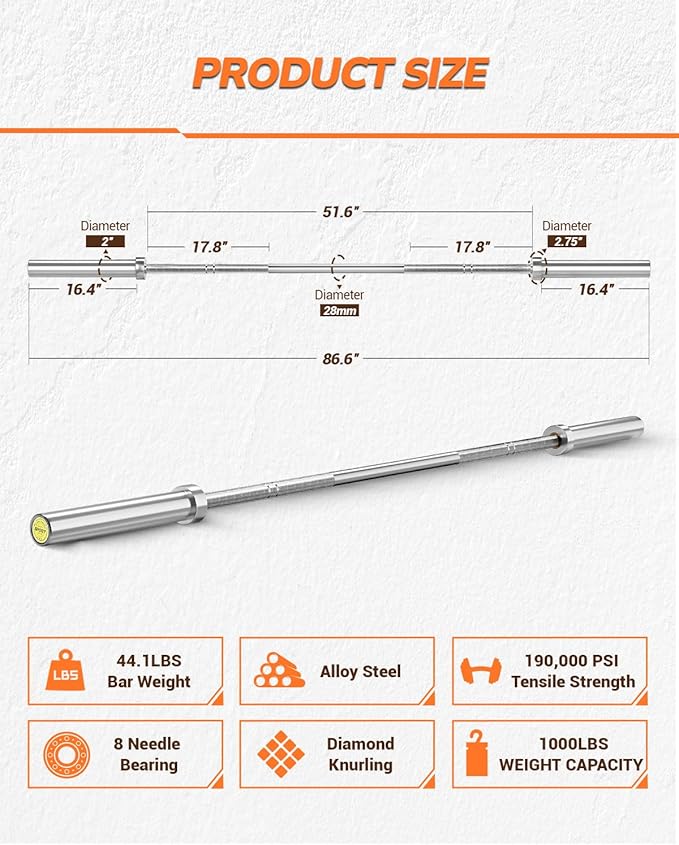 7ft Olympic Barbell for Home Gym, 45lb 2" Weight Bar for Deadlift Weightlifting, Bar, 1000 Lb High-Capacity, Hard Chrome, Knurled Grip, Strength Training Bench Press Squat Presses, Rows, Curl