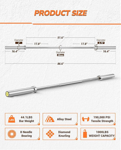 7ft Olympic Barbell for Home Gym, 45lb 2" Weight Bar for Deadlift Weightlifting, Bar, 1000 Lb High-Capacity, Hard Chrome, Knurled Grip, Strength Training Bench Press Squat Presses, Rows, Curl