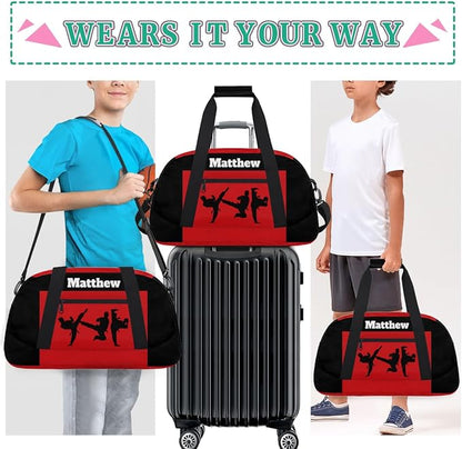 Custom Sports Gym Bag for Boys, Personalized Sports Gym Duffel Tote Workout Bag Named Rank Travel Overnight Training Bag, Martial Art Silhouette Black Red