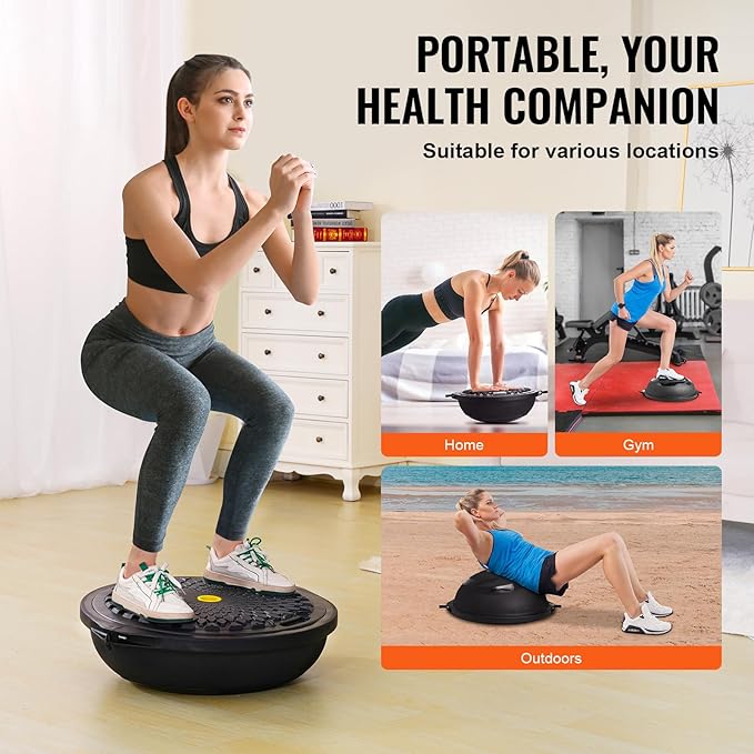 VEVOR Half Exercise Ball Trainer, 23/26 inch Balance Ball Trainer, 1500lbs Capacity Stability Ball, Yoga Ball with Resistance Bands & Foot Pump, Strength Fitness Ball for Home Gym Full Body Workout