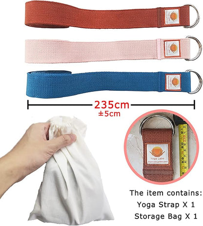 8ft Cotton Yoga Strap for Stretching with a D-Ring, Thick Cotton Nylon Yoga Belt with Extra Safe Metal Loops with Bag Set, 250g Nylon Durable Fitness Stretch Belt with Buckle As Physcial Therapy Bands Workout