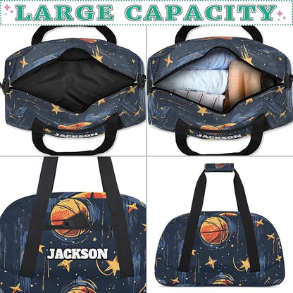 Personalized Basketball Gym Duffel Bags for Kids Boys with Custom Name Sport Training Travel Bags for Overnight Weekender, Dark Blue