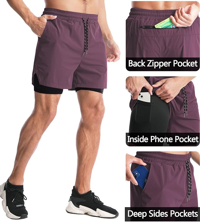 Aolesy Men's 2 in 1 Running Shorts 5" Workout Gym Athletic Shorts for Men Quick Dry Lightweight Training Shorts with Pockets