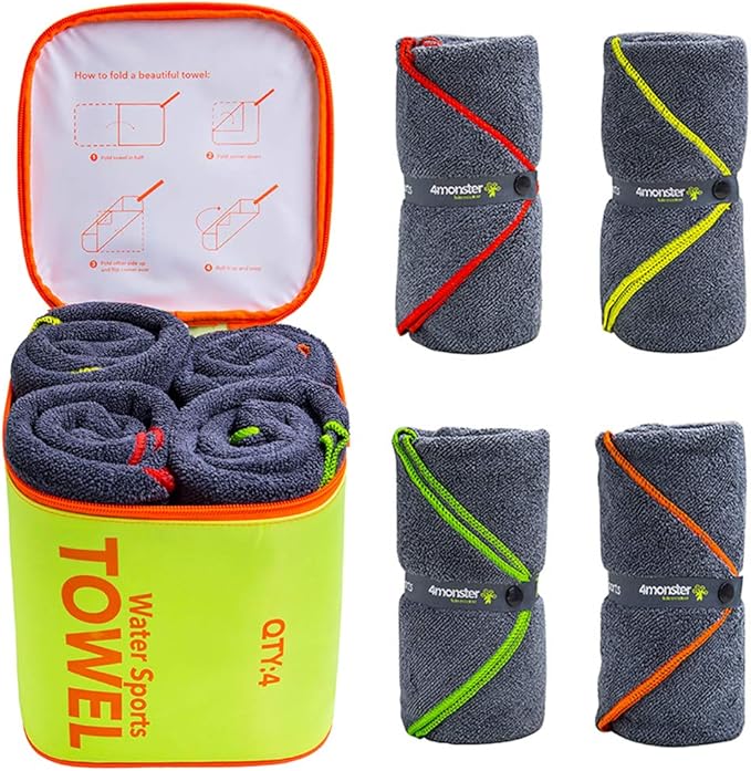 4Monster 4-Pack Quick Dry Microfiber Travel Towels – Super Absorbent, Ultra-Soft Camping Towel Set with Waterresistant Bag, Lightweight & Compact for RV, Gym, Beach, Pool, Swimming, and Family Trips