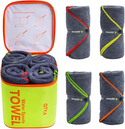 4Monster 4-Pack Quick Dry Microfiber Travel Towels – Super Absorbent, Ultra-Soft Camping Towel Set with Waterresistant Bag, Lightweight & Compact for RV, Gym, Beach, Pool, Swimming, and Family Trips