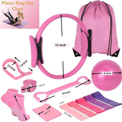 Women's Home Pink Global Pilates 13-Piece Basic Set, Home Pilates Fitness Equipment, Includes Resistance Bands, 14-Inch Magic Circle, Mini Ball, Pilates Strength, Shaping, and Flexibility Starter Kit.