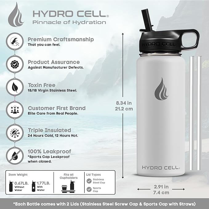 HYDRO CELL Stainless Steel Insulated Water Bottle with Straw - For Cold & Hot Drinks - Metal Vacuum Flask with Screw Cap and Modern Leakproof Sport Thermos for Adults (Frost 18oz)