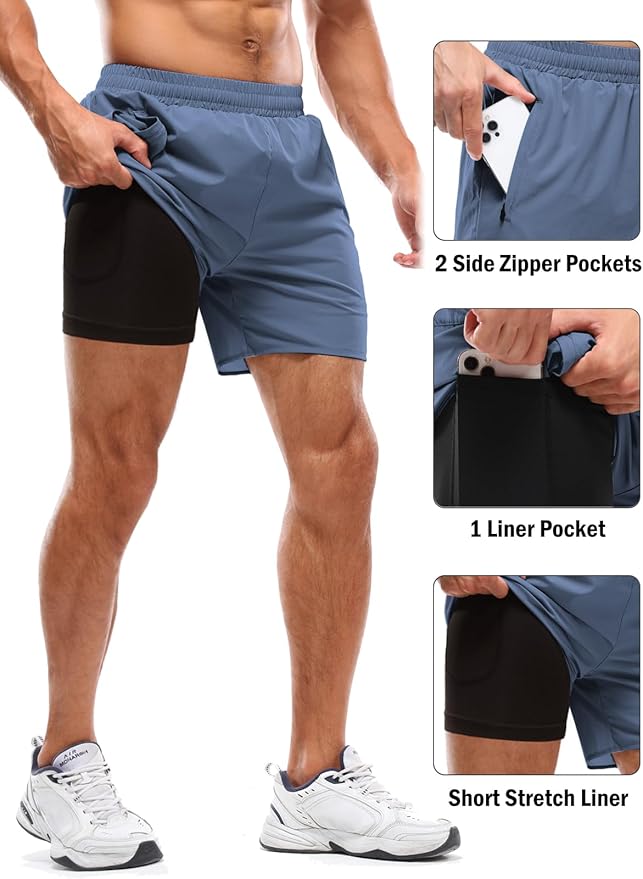 Aolesy Men's 2 in 1 Running Shorts 5" Workout Gym Athletic Shorts for Men Quick Dry Lightweight Training Shorts with Pockets