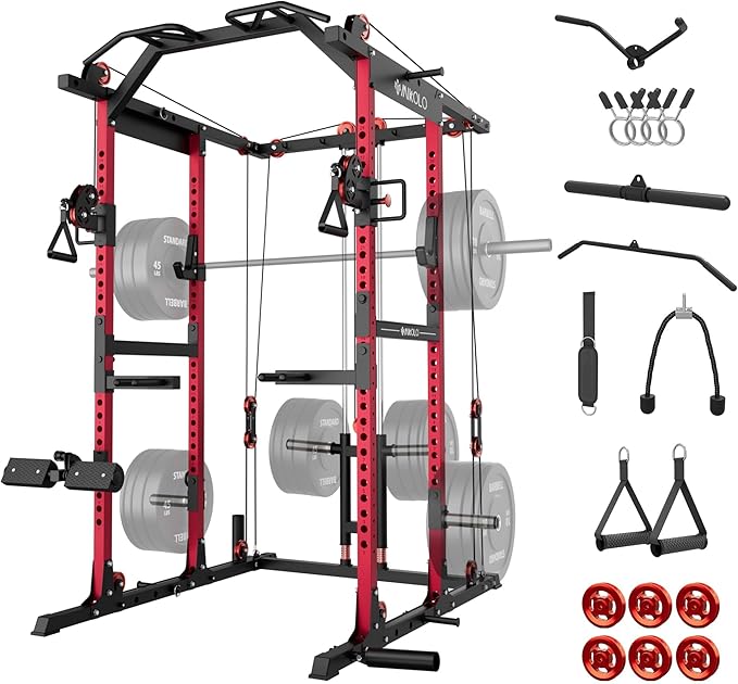 Mikolo K6 2.0 Power Cage, Power Rack with Cable Crossover System, 2000LBS Squat Rack with LAT Pull Down System, Functional Trainer with Aluminum Pulley System for Home Gym
