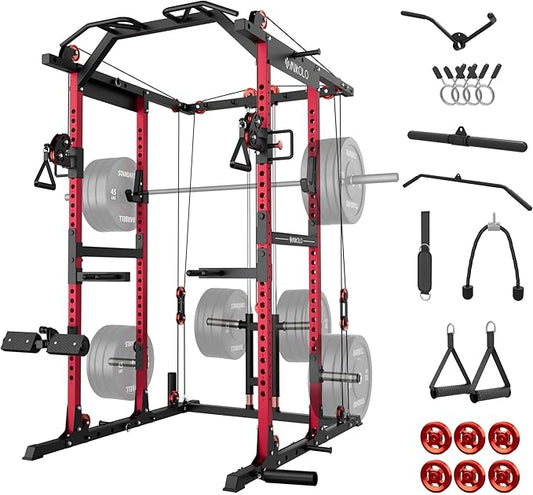 Mikolo K6 2.0 Power Cage, Power Rack with Cable Crossover System, 2000LBS Squat Rack with LAT Pull Down System, Functional Trainer with Aluminum Pulley System for Home Gym