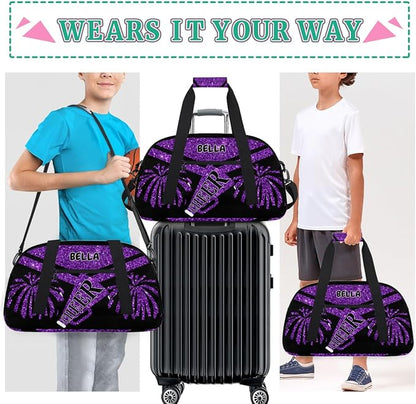 Custom Sports Duffel Cheerleaders Bag Girls, Sports Travel Bag Tote Carry On Weekender Gym Dance Cheer Sleepover Bag, Deep Purple Glittering Sequins Effect Picture Print