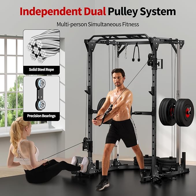JEEKEE Power Cage with Cable Crossover System, 2000LB Multi-Function Power Rack with Independent Dual Pulleys, LAT Pulldown Seat Cushion, 20+ Attachments Squat Rack for Home Gym Workout