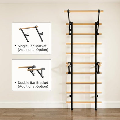 DHT Wood Stall Bar, Swedish Ladder Suspension Trainer with 9 Strategic Rods, for Home, Gym, School and Clinics, Black