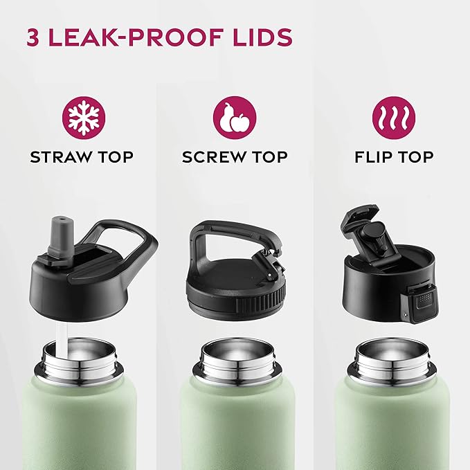 FineDine Water Bottle - Stainless Steel Insulated Water Bottle with Straw Lid, Flip Lid & Wide-Mouth Cap - Keeps Hot and Cold - 25 Oz / 739ml - Dreamy Green