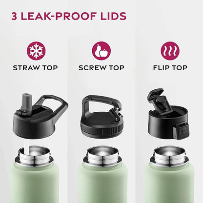 FineDine Water Bottle - Stainless Steel Insulated Water Bottle with Straw Lid, Flip Lid & Wide-Mouth Cap - Keeps Hot and Cold - 25 Oz / 739ml - Dreamy Green