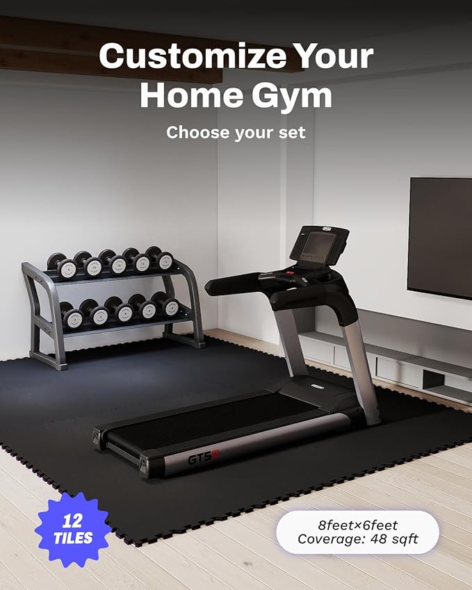 AIRHOP 0.56in Thick 48 Sq Ft Exercise Equipment Mats, 12 Tiles Upgraded Rubber Top with High Density EVA Foam, Large Interlocking Puzzle Gym Flooring for Home Gym, Heavy Weight Workout,Black