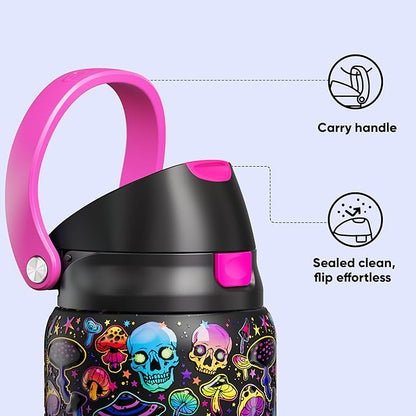 Encool SwiftSip Insulated Stainless Steel Water Bottle with Straw - Leak Proof Sports Water Bottle for School, Travel, Keeps Cold All Day, One-Touch Flip Lid, BPA-Free, 32 oz, Trippy Skulls