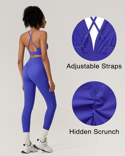 RXRXCOCO 2 Piece Workout Sets for Women Strappy Sports Bra Booty Leggings with Pockets Yoga Gym Outfits