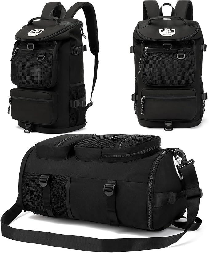 Solid color gym duffel bag backpack, wrestling bag,with shoe compartment, 4 kinds of back method waterproof travel sports walking laptop Lightweight (B-Black)