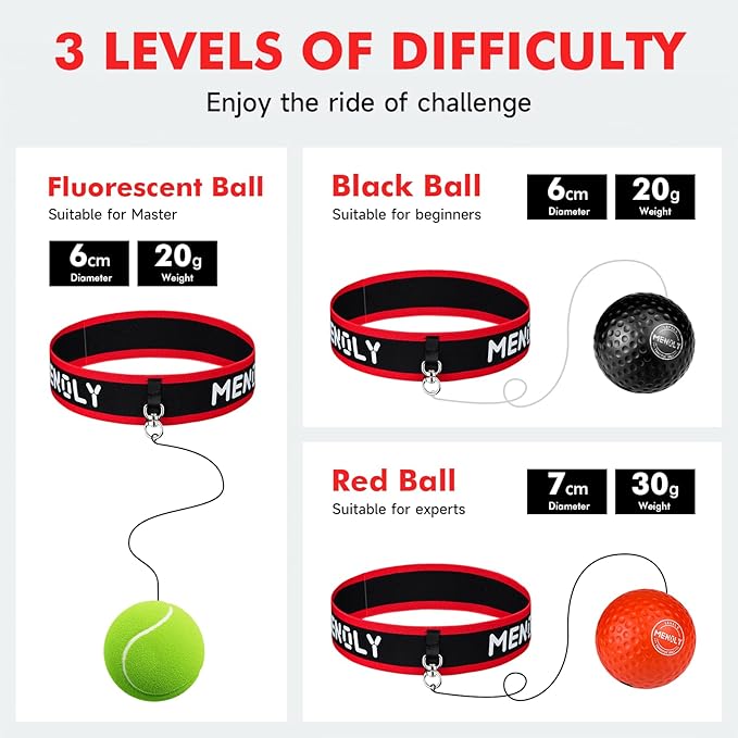 MENOLY Boxing Reflex Ball, Include 3 Boxing Balls and Red Headbands
