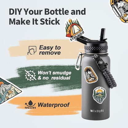 32 oz Insulated Water Bottle with Straw, Stainless Steel Triple Wall Vacuum Sports Water Jug, Leakproof Hydro Cup Flask with Paracord Handle & Straw Spout Lids & DIY Stickers