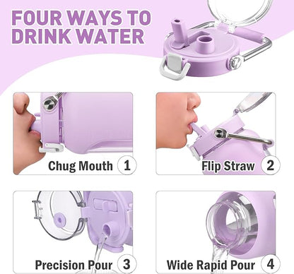 84oz Glass Water Bottle with Stainless Steel Handle,2.5L Gallon Water Bottle with 2-IN-1 Straw Lid, Silicone Sleeve and Motivational Capacity Marker, Wide Mouth Water Jug For Gym, Purple