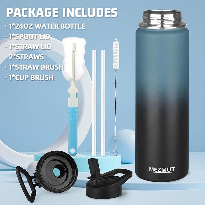 MEZMUT Insulated 24oz Stainless Steel Water Bottle with Straw & 2 Lids - Sports Metal Cup - Double Walled Vacuum Insulated Bottle - Leak-Proof Travel (Gradient Blue Black)