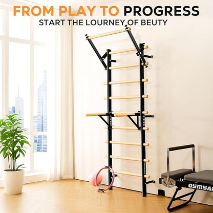 Swedish Ladder, Wood Stall Bar, Swedish ladders Wall Gym Adult, Adjustable Pull Up and Dip Station for Adults and Kids, 9-Anchor Solid Pine, Home Fitness