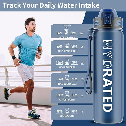 Water Bottle with Straw, 32oz Motivational Water Bottles with Time Marker to Drink, Tritan BPA Free, 1L Sports Water Bottle with Carry Strap LeakProof for Women Gym Fitness Outdoor (1 Pack)