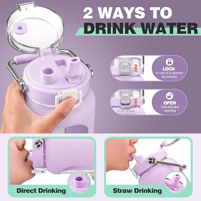 BLUEGO 64oz Water Bottle Glass with Stainless Steel Handle Large Water Bottle with Time Markers and Silicone Sleeve Half Gallon Water Jug BPA Free for Gym Daily Use, Purple