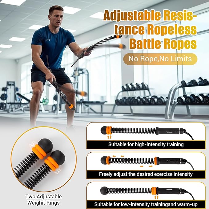 Portable Ropeless Battle Ropes, Adjustable Weights Cordless Battle Ropes for Home Gym with Storage Bag, Weighted Exercise Equipment for Low-Impact Workout, Strength & HIIT, for Men & Women (Black)