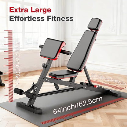 ALSO GO Adjustable Weight Bench, Workout Benches with Leg Extension & Extended Headrest, Foldable Incline Decline Bench Press, Roman Chair, Full Body Strength Training Equipment for Home Gym