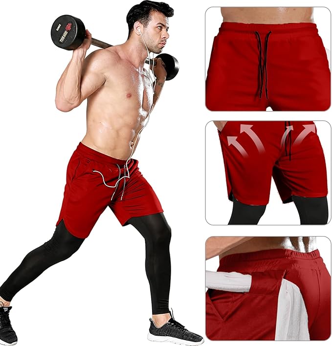 OEBLD Mens 2 in 1 Athletic Running Pants Quick Dry Gym Workout Shorts for Men Compression Pants with Pockets