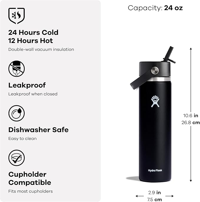 Hydro Flask Water Bottle - Insulated Stainless Steel - Wide Mouth Flex Straw Lid, Non Spill, Leakproof and Refillable in 24 Oz Campus Pink