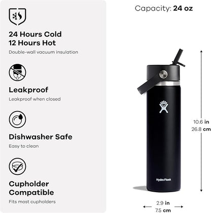 Hydro Flask Water Bottle - Insulated Stainless Steel - Wide Mouth Flex Straw Lid, Non Spill, Leakproof and Refillable in 24 Oz Botanical Bliss Agave