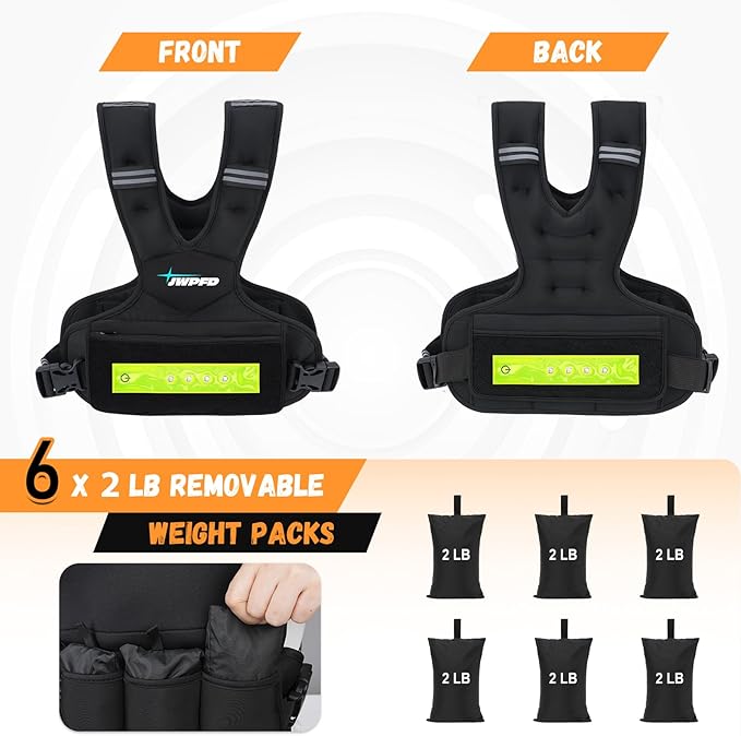 Adjustable Weighted Vest for Women Men, 6-15 Lbs/12-18 Lbs Rucking Vest with LED Light Strips, Weight Vest with 6 Ironsand Weights, and Zipper Pocket for Strength Training, Walking, Running