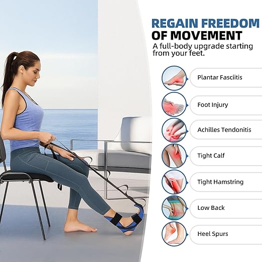 Foot and Calf Stretcher Stretching Strap For Plantar Fasciitis, Heel Spurs, Foot Drop, Achilles Tendonitis & Hamstring. Yoga & Leg Stretch Strap. (Blue)