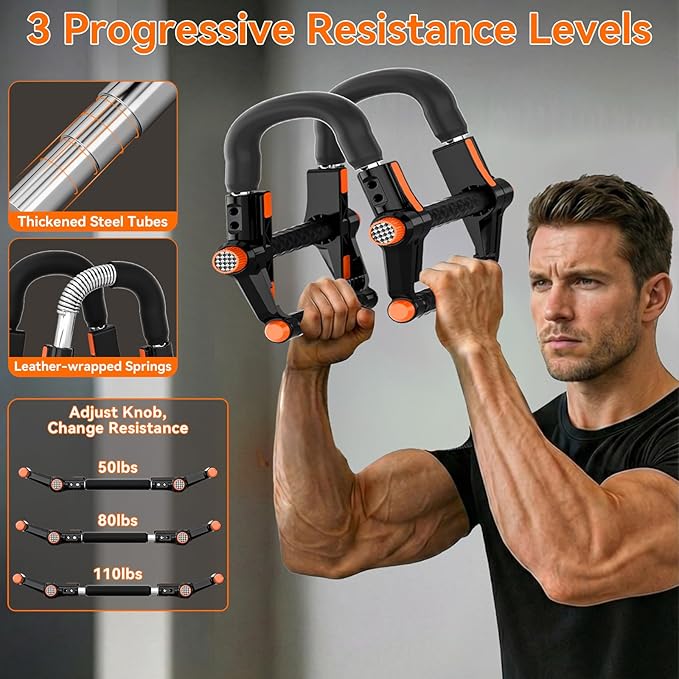 Twister Arm Trainer, Arm & Chest Workout Equipment for Men, Adjustable Handle (0-90°) & Resistance (50-110lbs), Transform into Push-Up Bars, Portable Home Gym