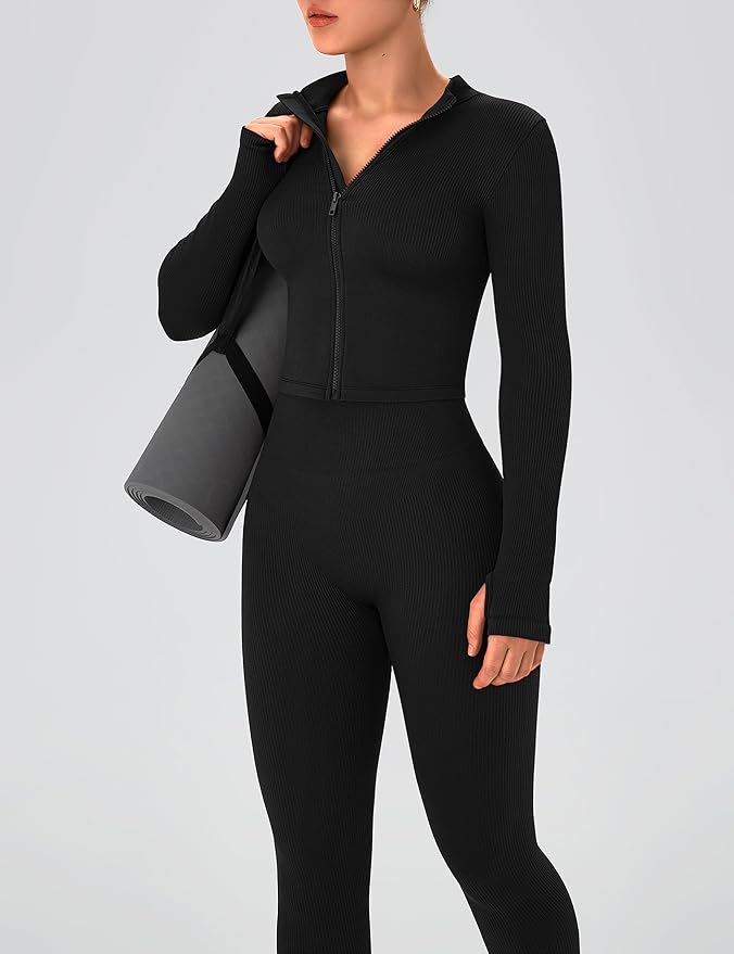 OLCHEE Womens Workout Sets 2 Piece Seamless Ribbed Long Sleeve Yoga Outfits High Waist Leggings Zipper Jacket Thumb Hole Gym