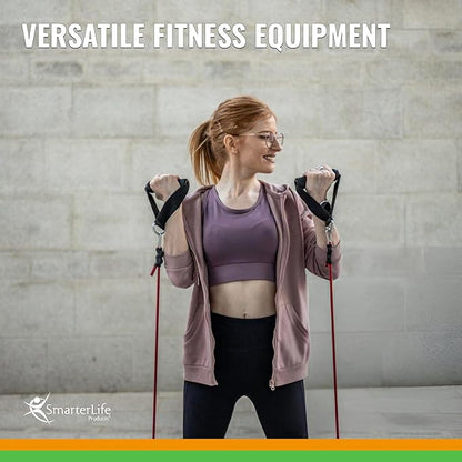 SmarterLife Resistance Bands with Handles, Physical Therapy Strap, Exercise Band to Tone Arms, Legs, Chest, Booty - 5 Exercise Bands with Handles, Ankle Straps, No-Slip Door Anchor, Storage Bag