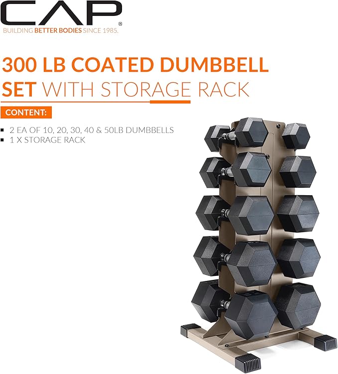 CAP Barbell Rubber Coated Hex Dumbbell Set with Vertical Rack | 100-300 lbs Free Weights Dumbbells Set for Home Gym | Multiple Options