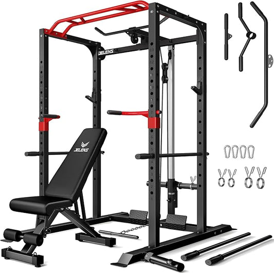S11 Power Cage, 2000LB Multi-Function Power Rack with LAT Pulldown, Squat Rack with Adjustable Pulley System and Training Attachments, Weight Rack for Home Gym