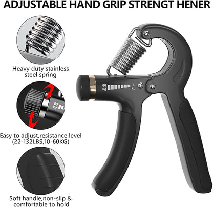 Hand Grip Strengthener Kit - Ultimate Hand Exerciser Set for Forearm Workout, Adjustable Grip Strength Trainer, Stress Relief Ball, Exercise Ring, Training and Recovery (Frosted Black)