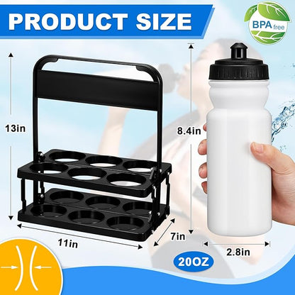 Suclain 7 Pcs Water Bottle Carrier with 20 Oz Bottles and Stickers Plastic Wide Mouth Sports Water Bottle Squeeze Team Bottles with Black Lid for Fitness Bike Gym (White)