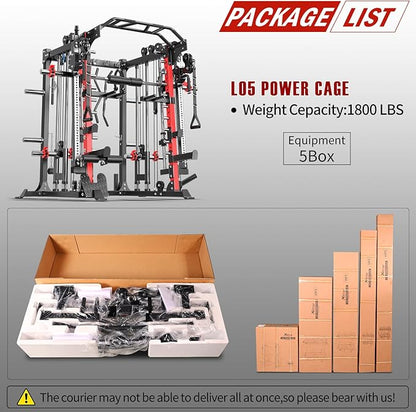 Smith Machine with Cable Crossover System, Multi-Function Squat Rack Power Cage for Home Gym, Power Rack and Packages Weight Sets