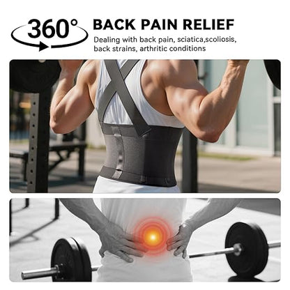 Work Back Brace for Men & Women, Adjustable Lower Back Support Belt with Suspenders for Back Pain Relief, Moving Construction Warehouse Heavy Lifting Safety & Protection (Black, X-Large)