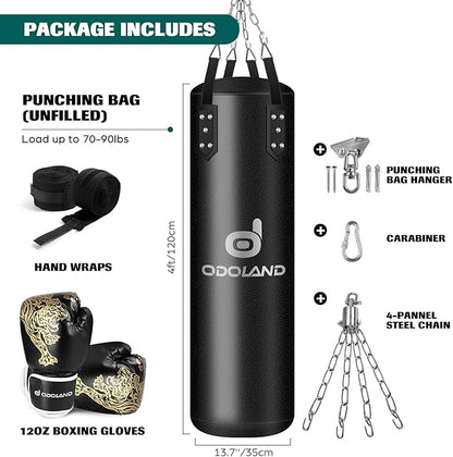 Odoland Punching Bag Set for Adults, 4FT PU Heavy Boxing Bag Set with 12OZ Boxing Gloves, Hand Wraps, Hanging Chains for MMA Karate Kickboxing Home Gym Training as Boys Gifts - Unfilled