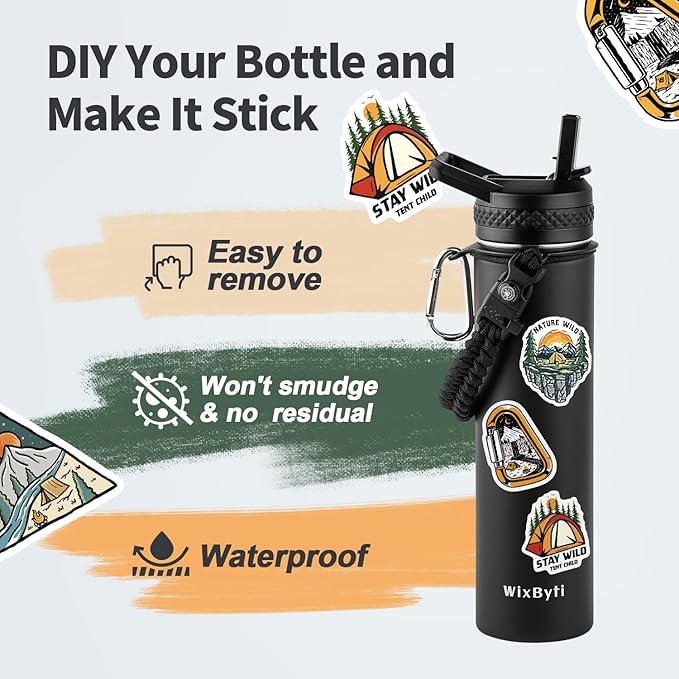 24 oz Insulated Water Bottle with Straw (Cold for 24 Hrs), Stainless Steel Triple Wall Vacuum Sports Water Jug, Leakproof Hydro Cup Flask with Paracord Handle & Straw Spout Lids & DIY Stickers